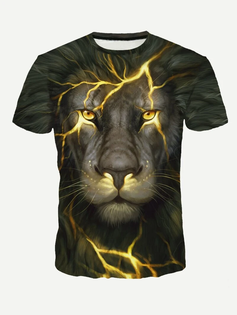 Men Lion Tee Short Print Sleeve Sleeve Hrrw07xqzC