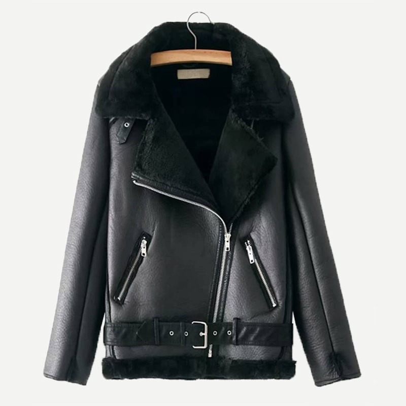 

Faux Leather Zipper Front Contrast Faux Fur Jacket, Black