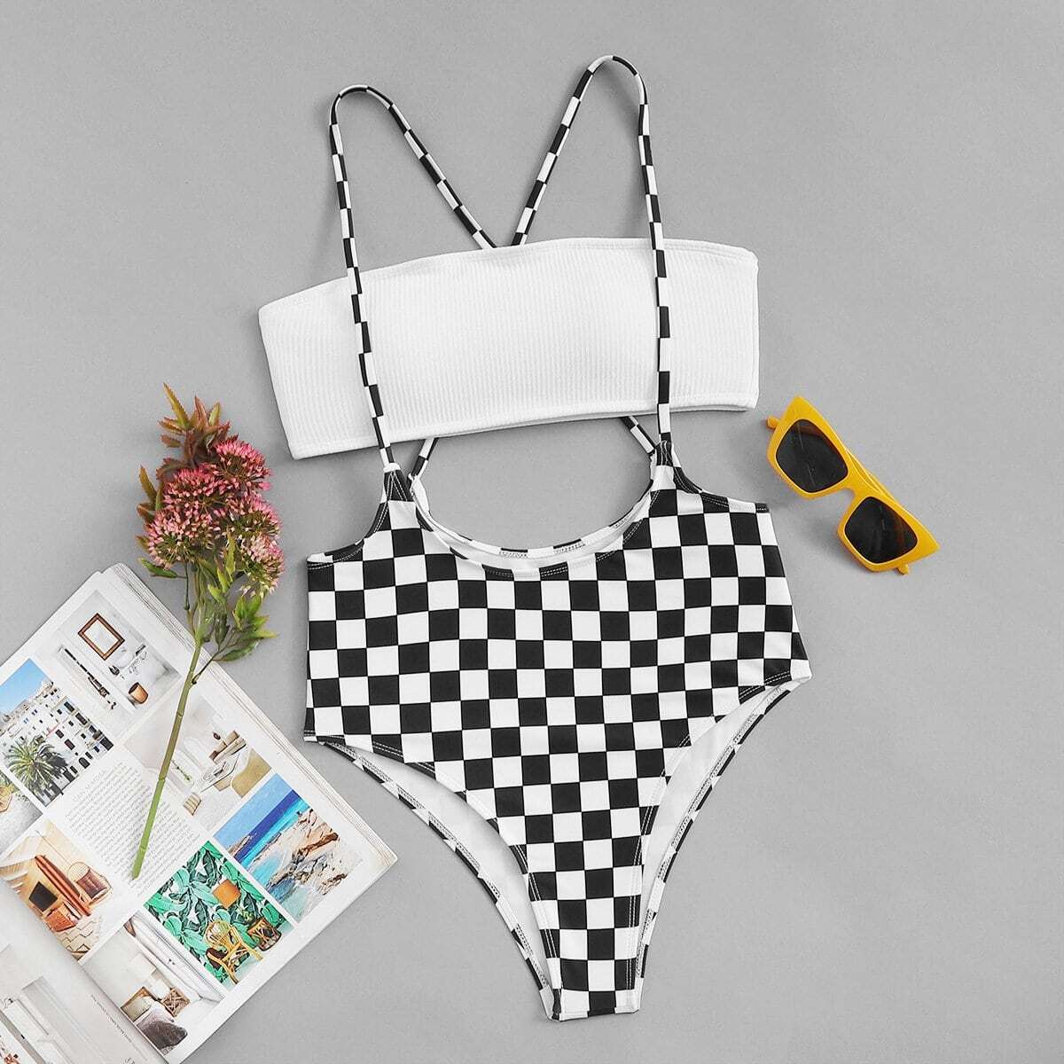 Bandeau Top With Checkered Suspender Two Piece Swimsuit