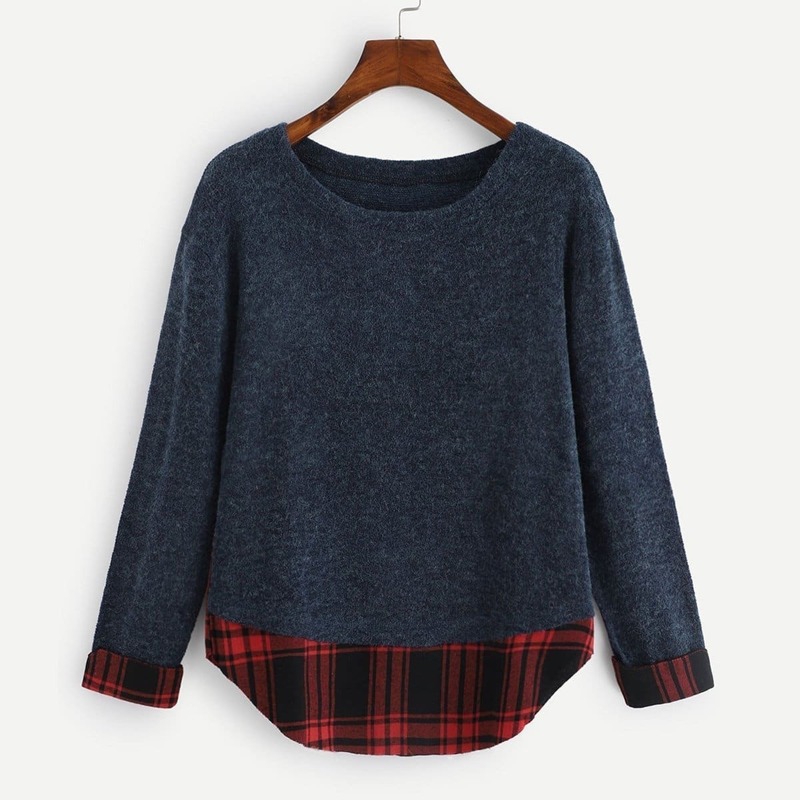 

Plaid Round Neck Sweater, Navy