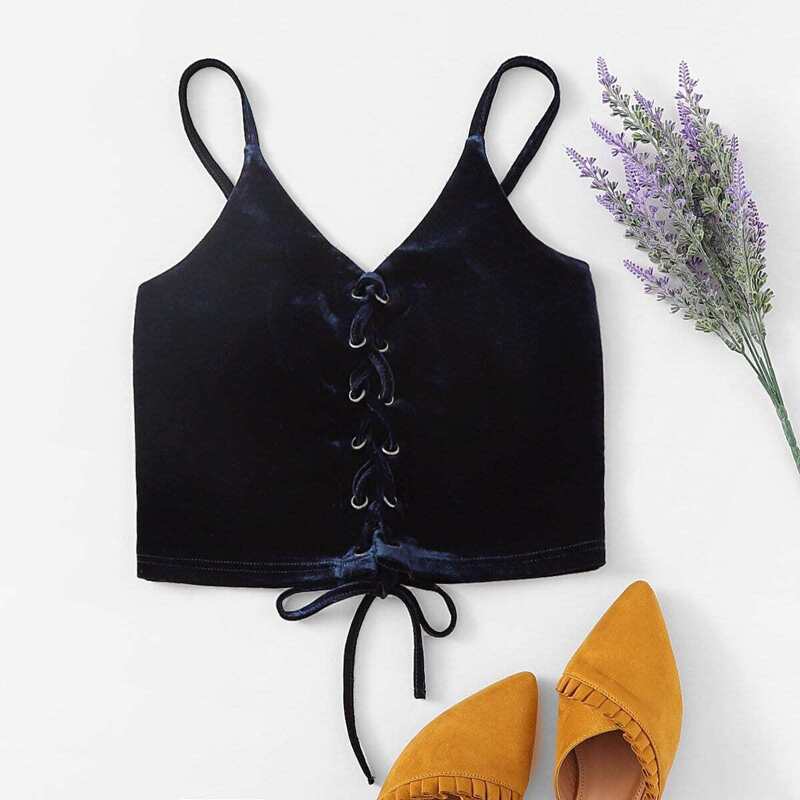 

Lace Up Crop Velvet Cami, Navy