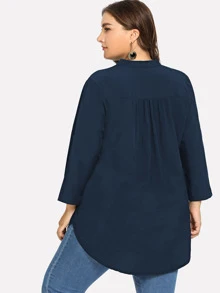 Blusa suelta de manga larga y cuello de pico - Azul Marino - Ver 2