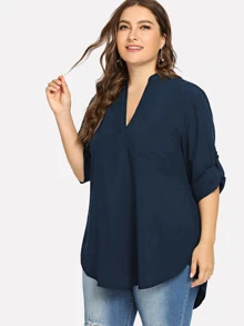 Blusa suelta de manga larga y cuello de pico - Azul Marino - Ver 3