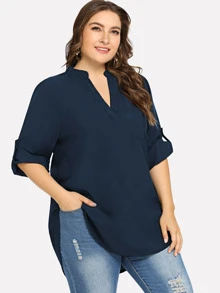 Blusa suelta de manga larga y cuello de pico - Azul Marino - Ver 4