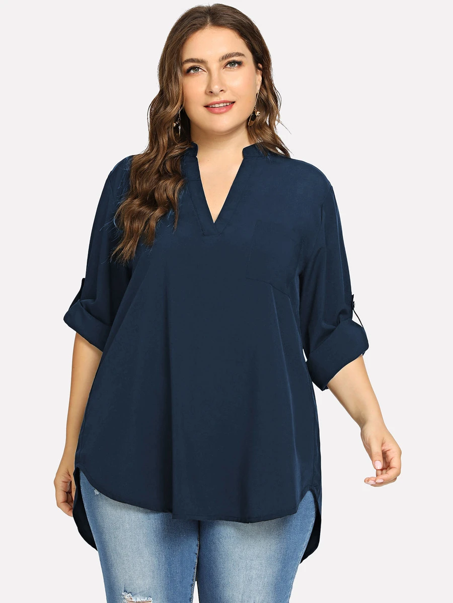 Blusa suelta de manga larga y cuello de pico - Azul Marino - Ver 1
