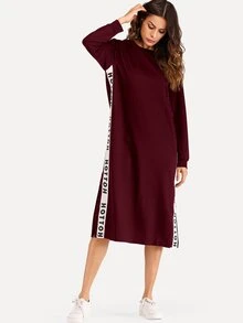酒紅色休閒開衩字母洋裝 - 酒紅色 - 查看 5