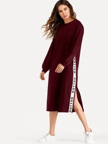 酒紅色休閒開衩字母洋裝 - 酒紅色 - 查看 6