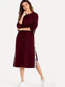 酒紅色休閒開衩字母洋裝 - 酒紅色 - 查看 1