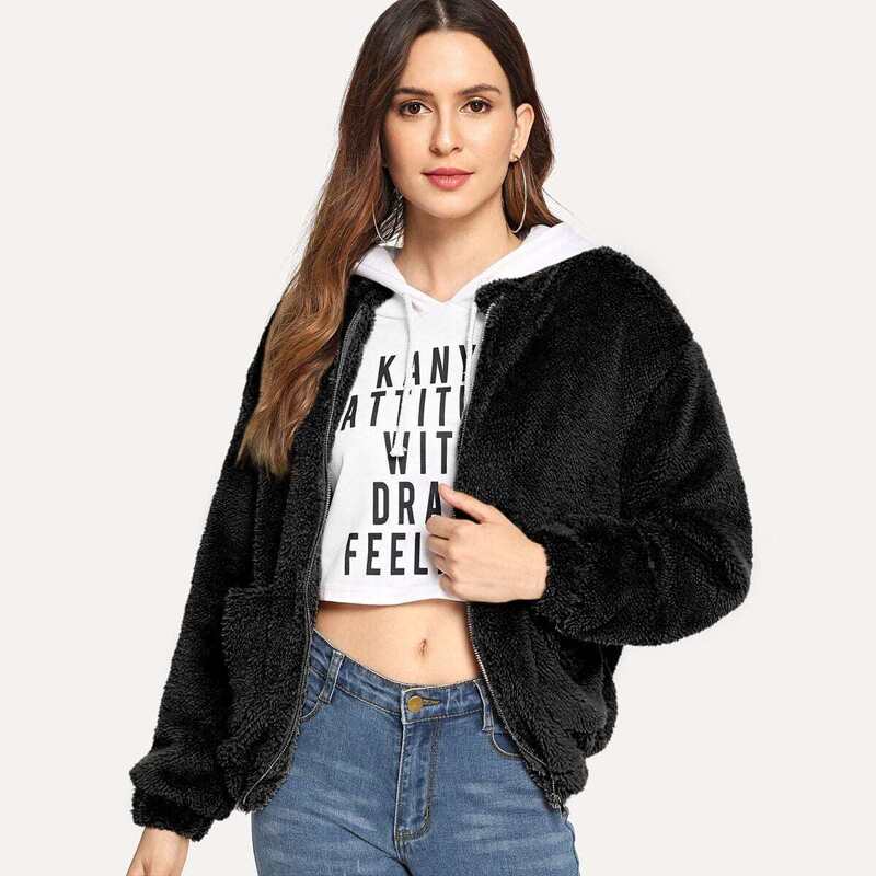 

Pocket Decoration Solid Teddy Jacket, Black