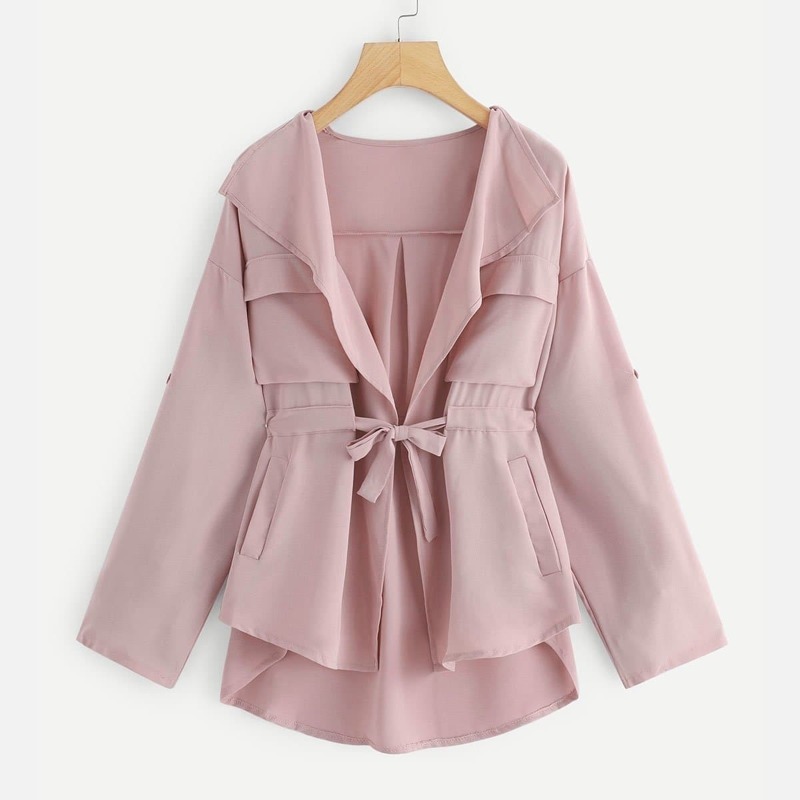 

Drawstring Waist Waterfall Solid Outerwear, Pink