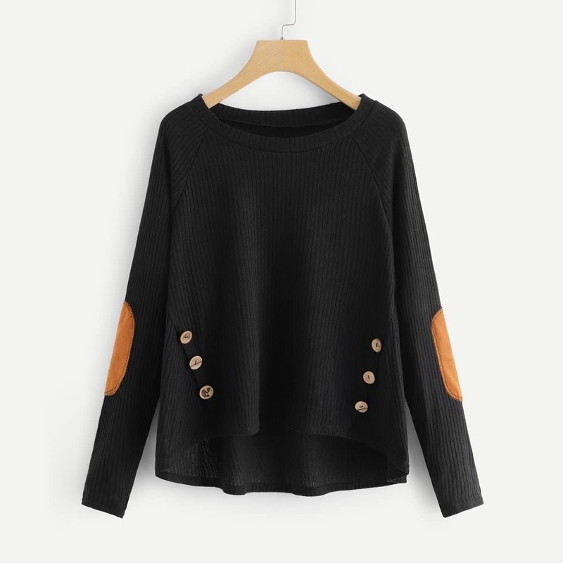 

Button Decoration Raglan Sleeve Sweater, Black
