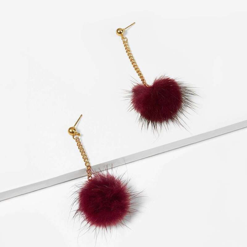 

Pom Pom Chain Drop Earrings 1pair, Red