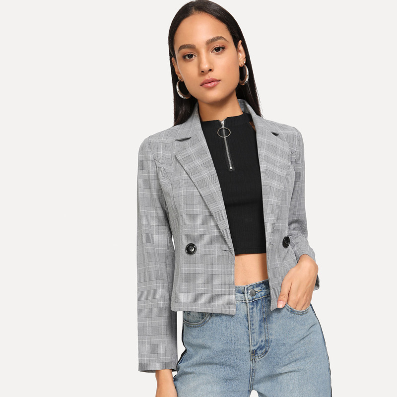 

Plaid Button Blazer, Grey