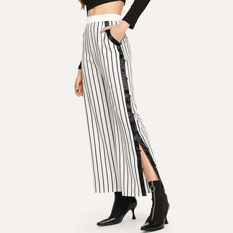 

Split Striped Wide Leg Pants, Black and white
