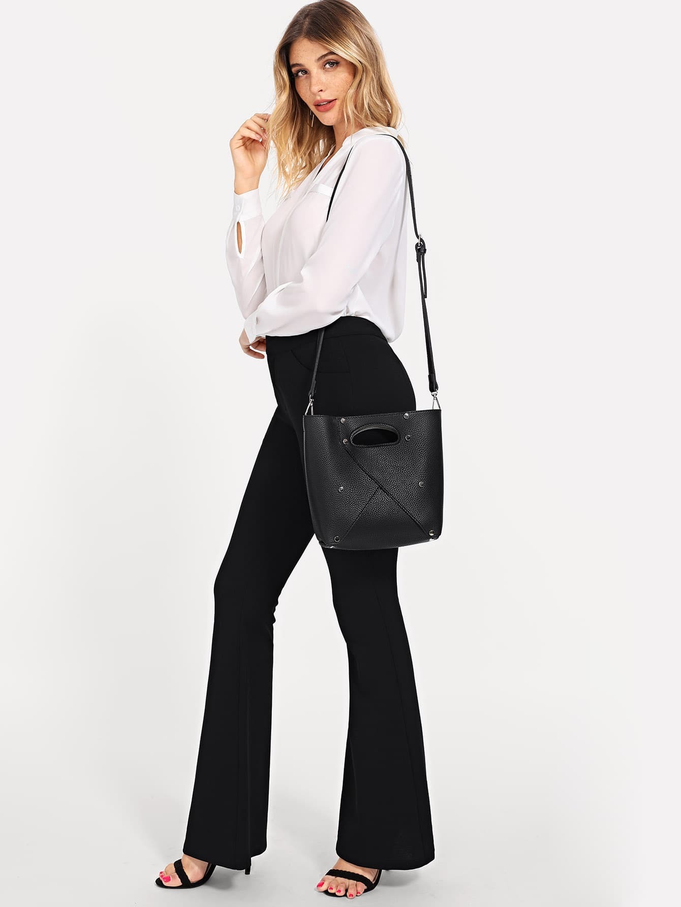 metal design satchel bag with cut out handle