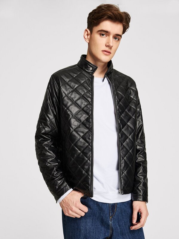 Men Quilted Faux Leather Jacket - Quilted Faux Leather Jacket Men Quilted Faux Leather Jacket - Quilted Faux Leather Jacket