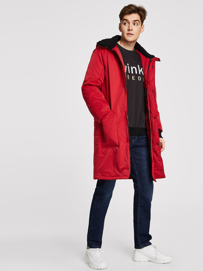 Men Pocket Front Hooded Parka Coat
