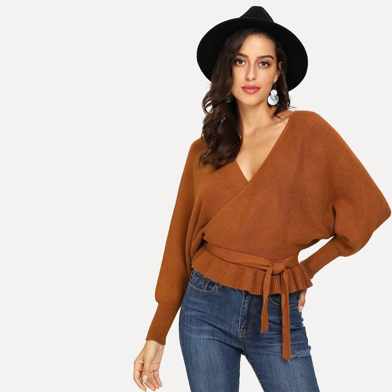 

V Cut Back Surplice Ruffle Jumper, Brown