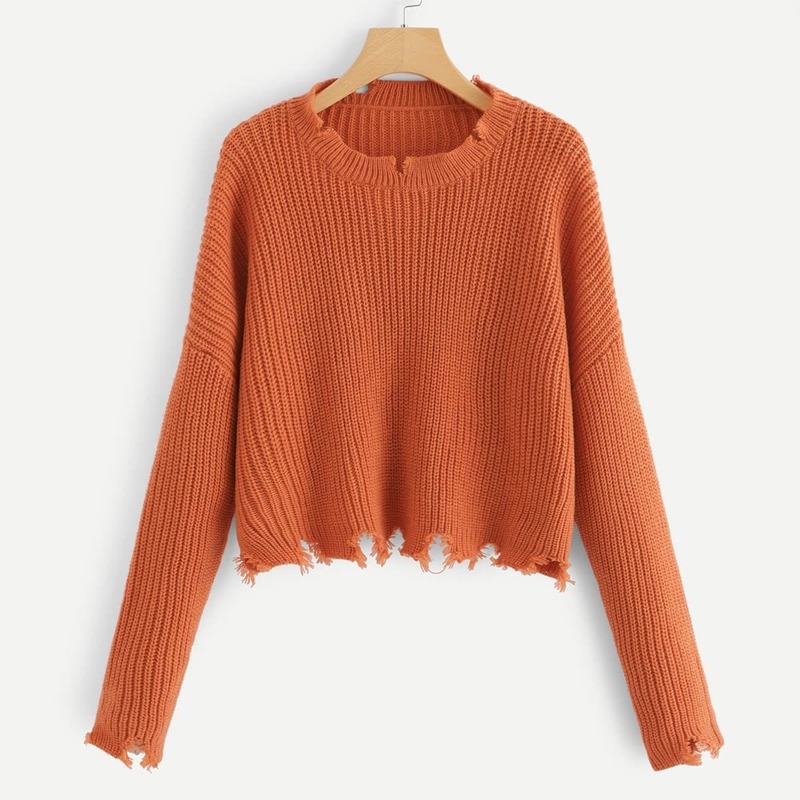 

Solid Raw Hem Crop Sweater, Orange