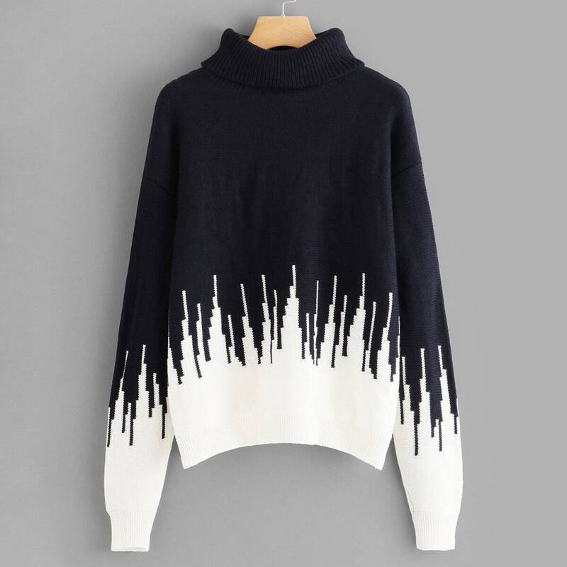 

Rolled Neck Two Tone Sweater, Black and white