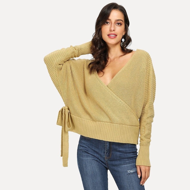 

Surplice Neck Knot Side Sweater, Yellow