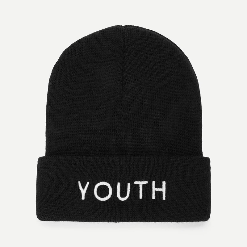 Embroidered Letter Beanie Hat, Black