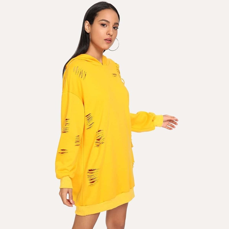 

Ripped Detail Drop Shoulder Hooded Sweatshirt Dress, Yellow
