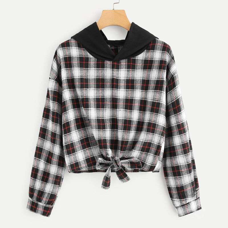 

Knot Hem Plaid Hoodie, Multicolor