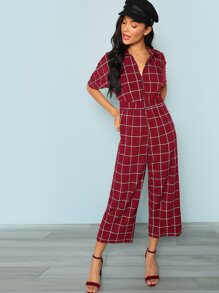 Zip Half Placket Pocket Side Grid Jumpsuit