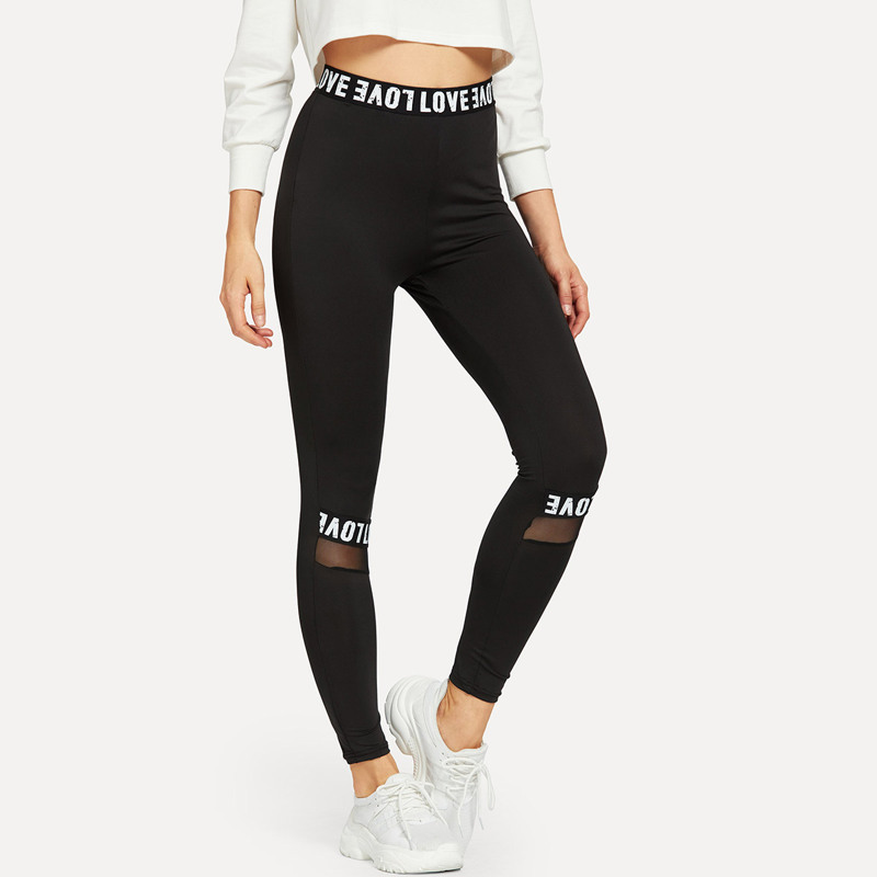 

Mesh Insert Letter Tape Leggings, Black
