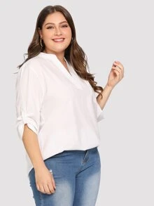 SHEIN LUNE Plus Dip Hem Solid Blouse - White - View 4