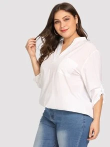SHEIN LUNE Plus Dip Hem Solid Blouse - White - View 3