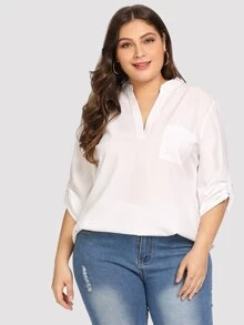 SHEIN LUNE Plus Dip Hem Solid Blouse - White - View 1
