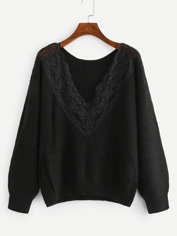 Jersey de punto con cuello de pico con encaje | Mode de Jersey de punto con encaje