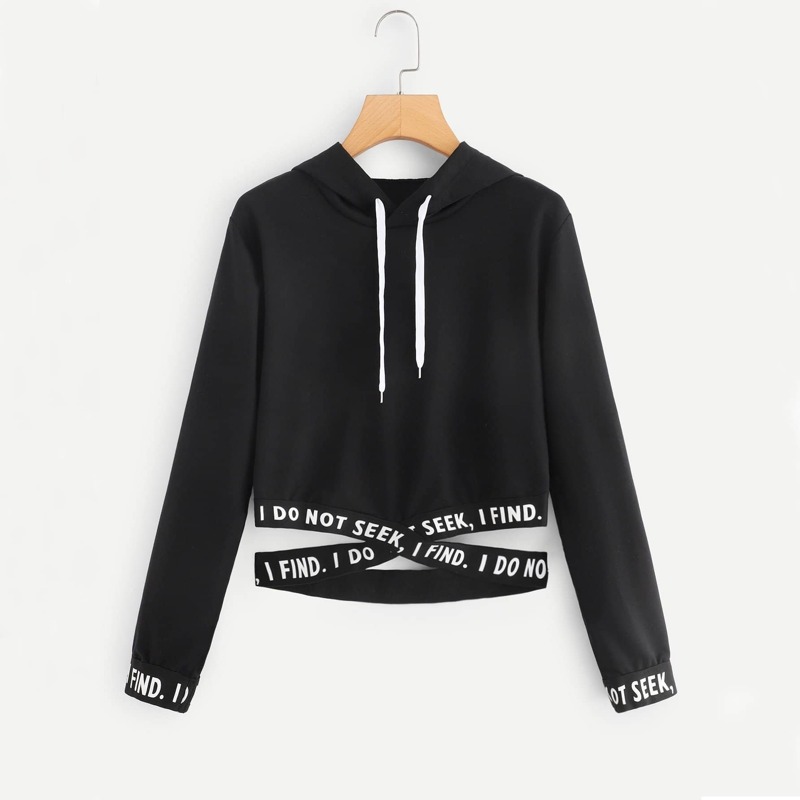 

Letter Print Drawstring Hooded Sweatshirt, Black