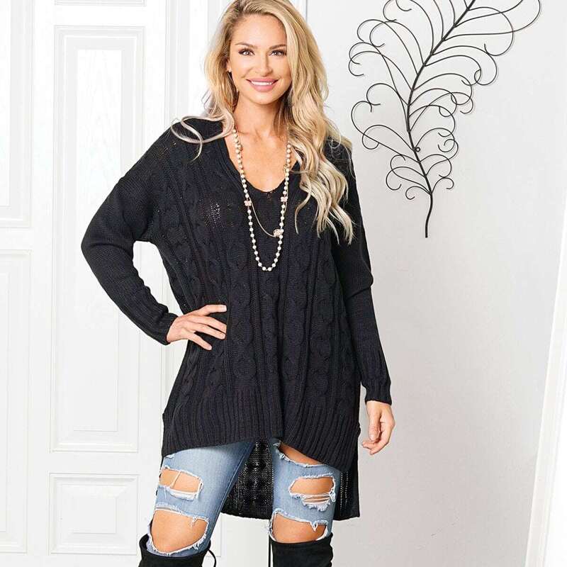 

Dip Hem V-Neck Jumper, Black