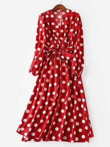 Plus Polka Dot Wrap Dress - Burgundy - View 1