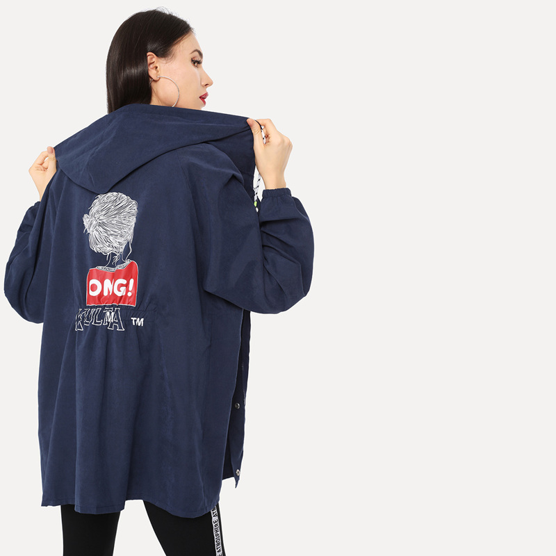 

Cartoon Print Hooded Outerwear, Navy