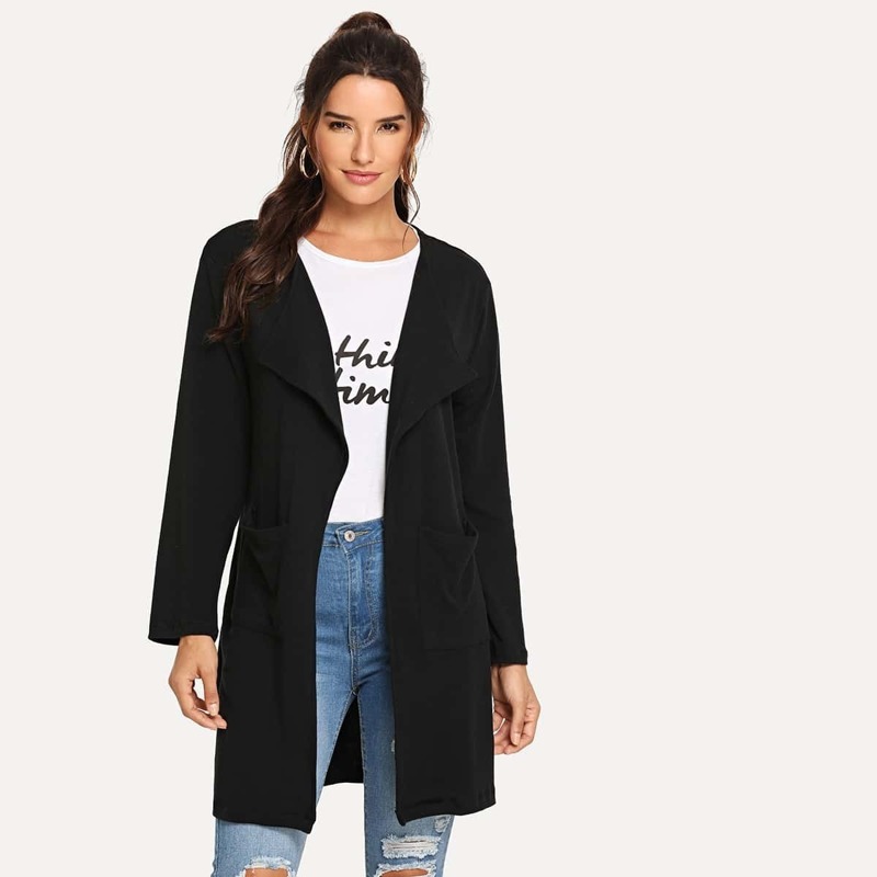 

Solid Waterfall Neck Coat, Black