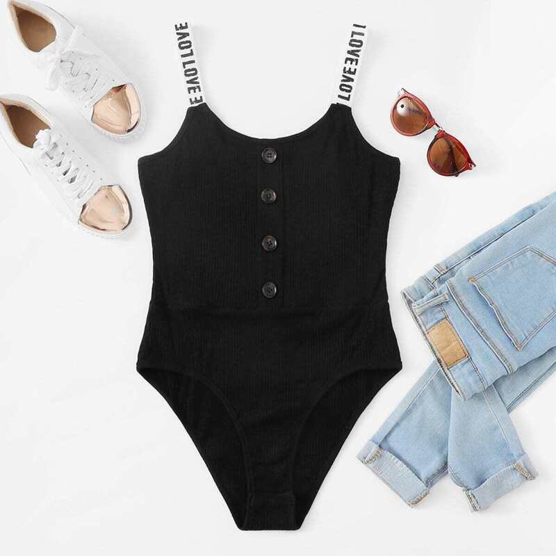 

Button Front Ribbed Knit Skinny Bodysuit, Black