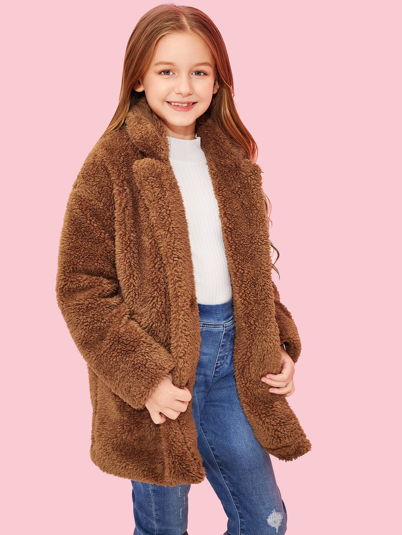 Girls Hidden Placket Teddy Coat SHEIN UK