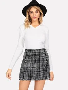 SHEIN 磨邊格子粗花呢半身裙 - 彩色 - 查看 5