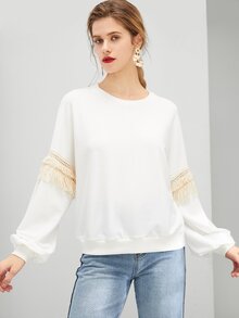 Drop Shoulder Fringe Embellished Sweatshirt