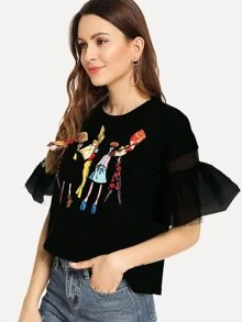 SHEIN Flounce Mesh Sleeve Bow Front Figure Graphic Tee - Black - View 3