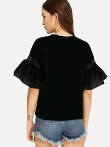 SHEIN Flounce Mesh Sleeve Bow Front Figure Graphic Tee - Black - View 2