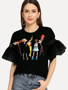 SHEIN Flounce Mesh Sleeve Bow Front Figure Graphic Tee - Black - View 1