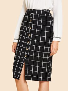 Button Front Grid Skirt