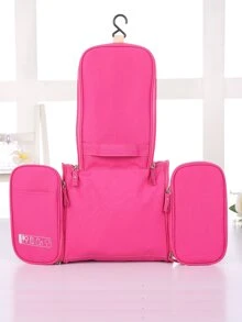 1pc Neon Pink Waterproof Cosmetic Storage Bag With Hook, Portable Hanging Wash Bag For Travel - Hot Pink - View 2