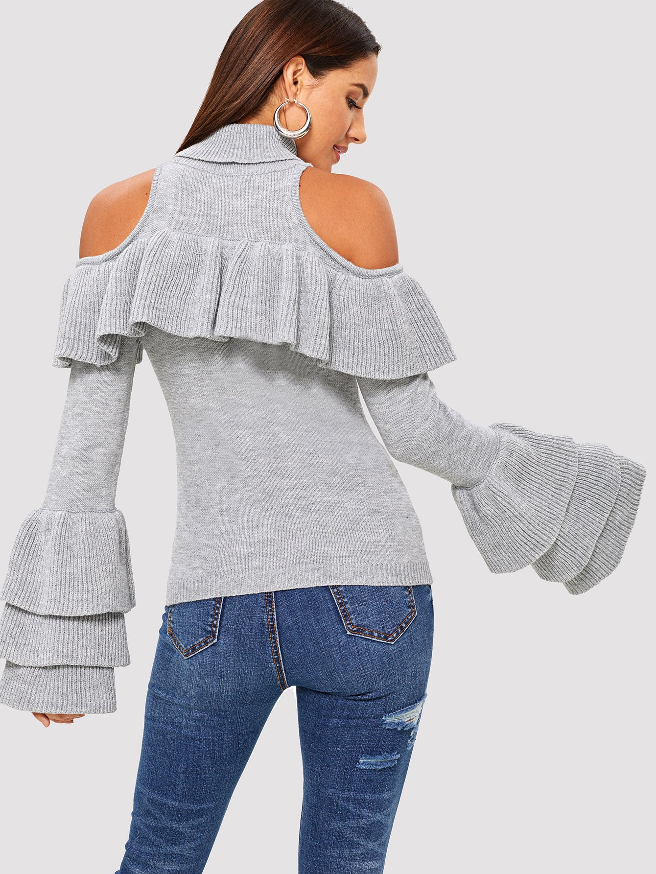 Small Tiered Ruffle Sleeve Slim Fitted Sweater | Shein Grey Small Tiered Ruffle Sleeve Slim Fitted Sweater | Shein Grey