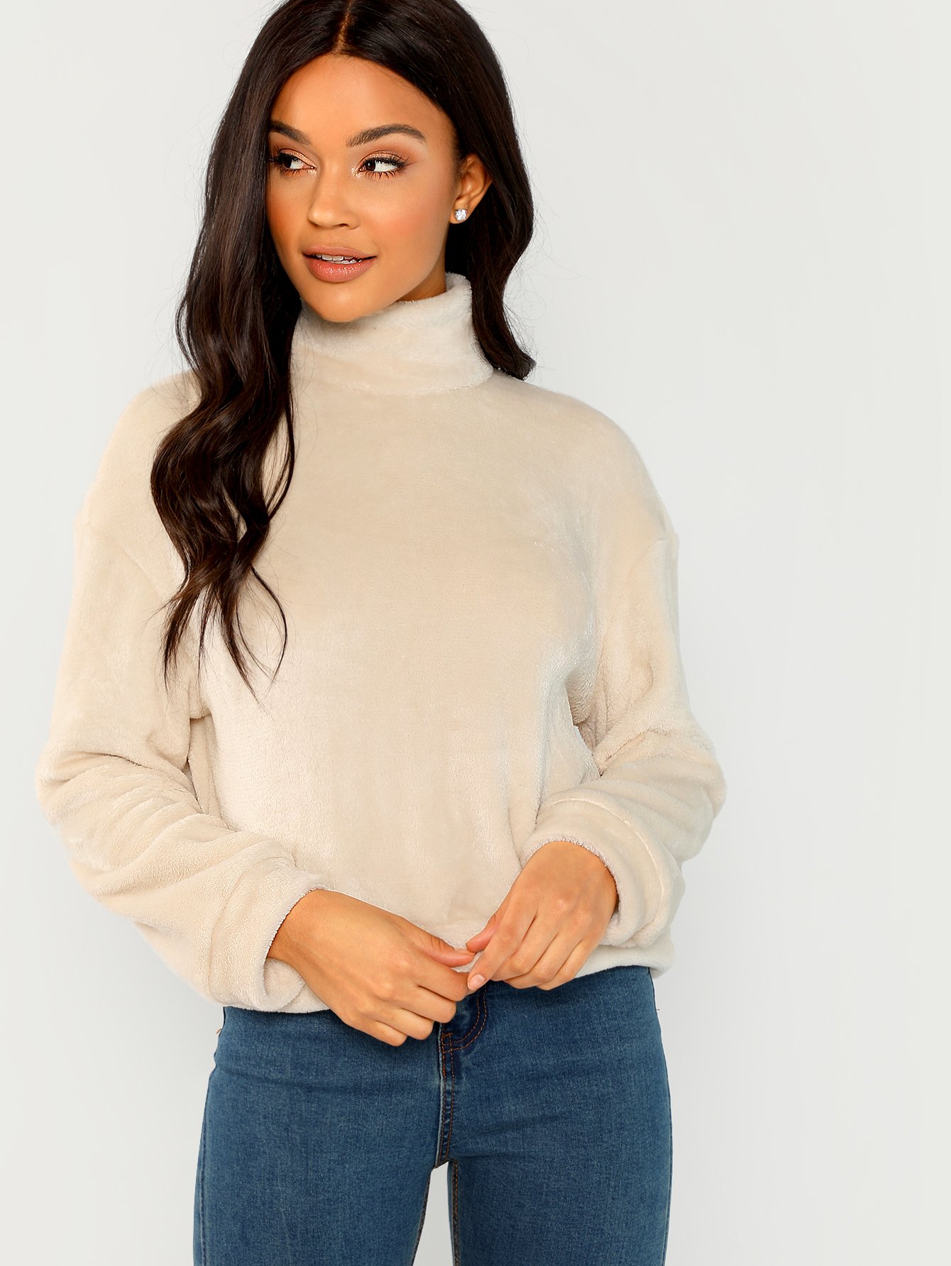 high neck faux fur pullover | shein